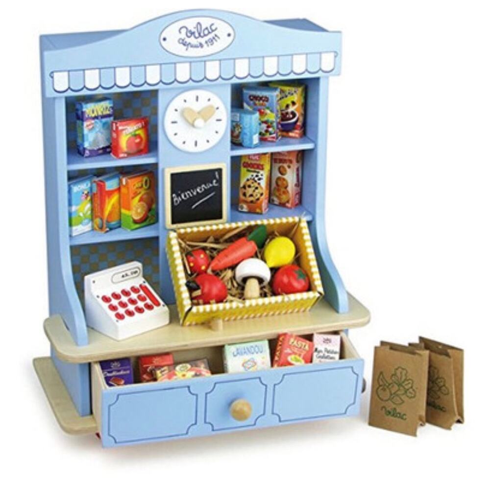 Vilac wooden grocery store toy.Pretend play, market, shelves, clock, chalk board